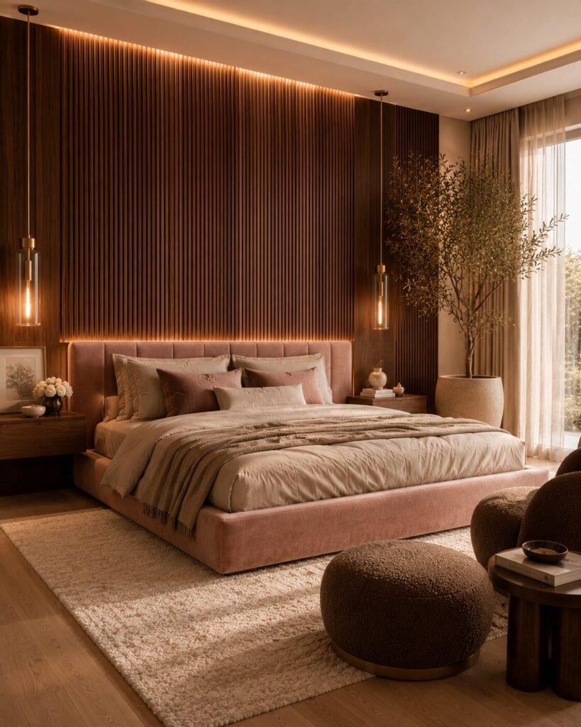 Fluted pink and brown bedroom ideas