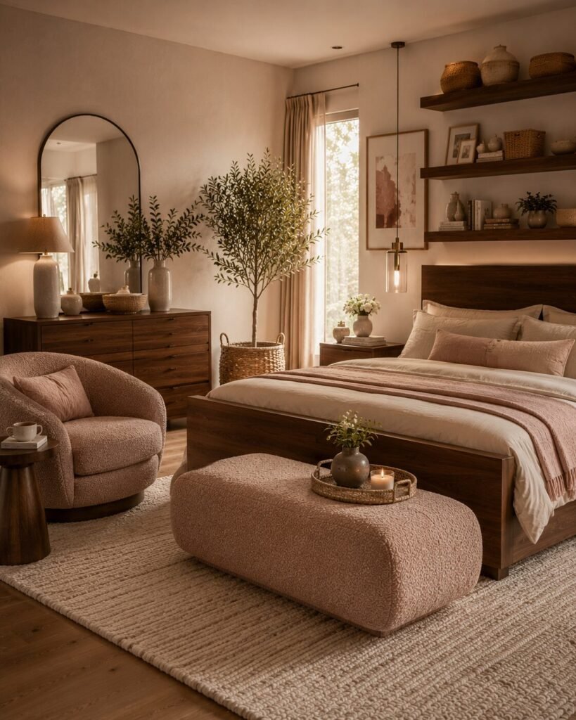 Bouclé pink and brown bedroom ideas