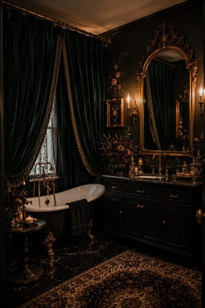 whimisigoth bathroom ideas 12 Velvet curtain whimisigoth bathroom ideas