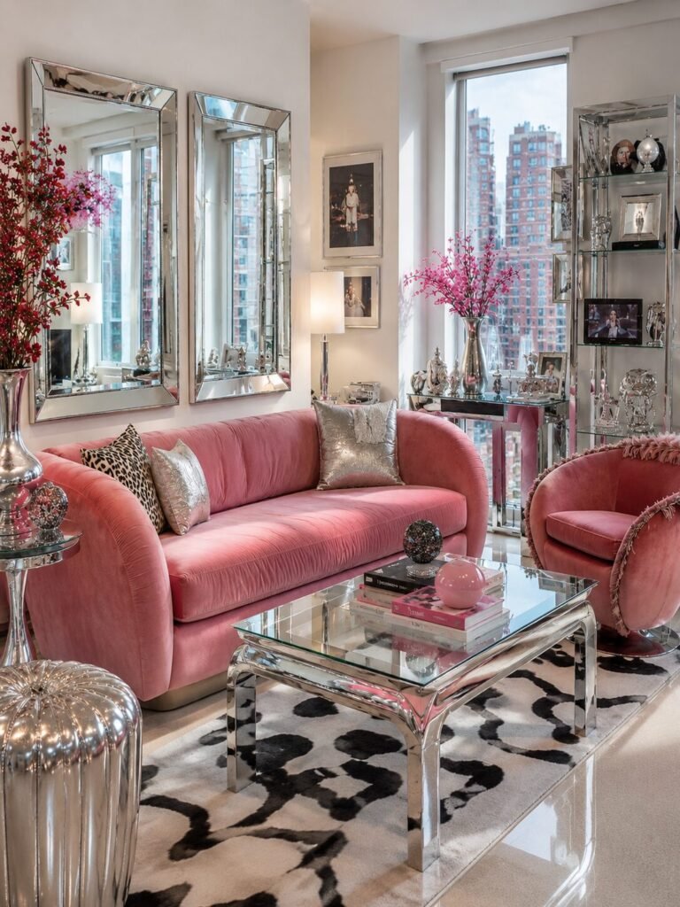 Y2K Living Room Ideas 2 Pink and silver Y2K living room ideas
