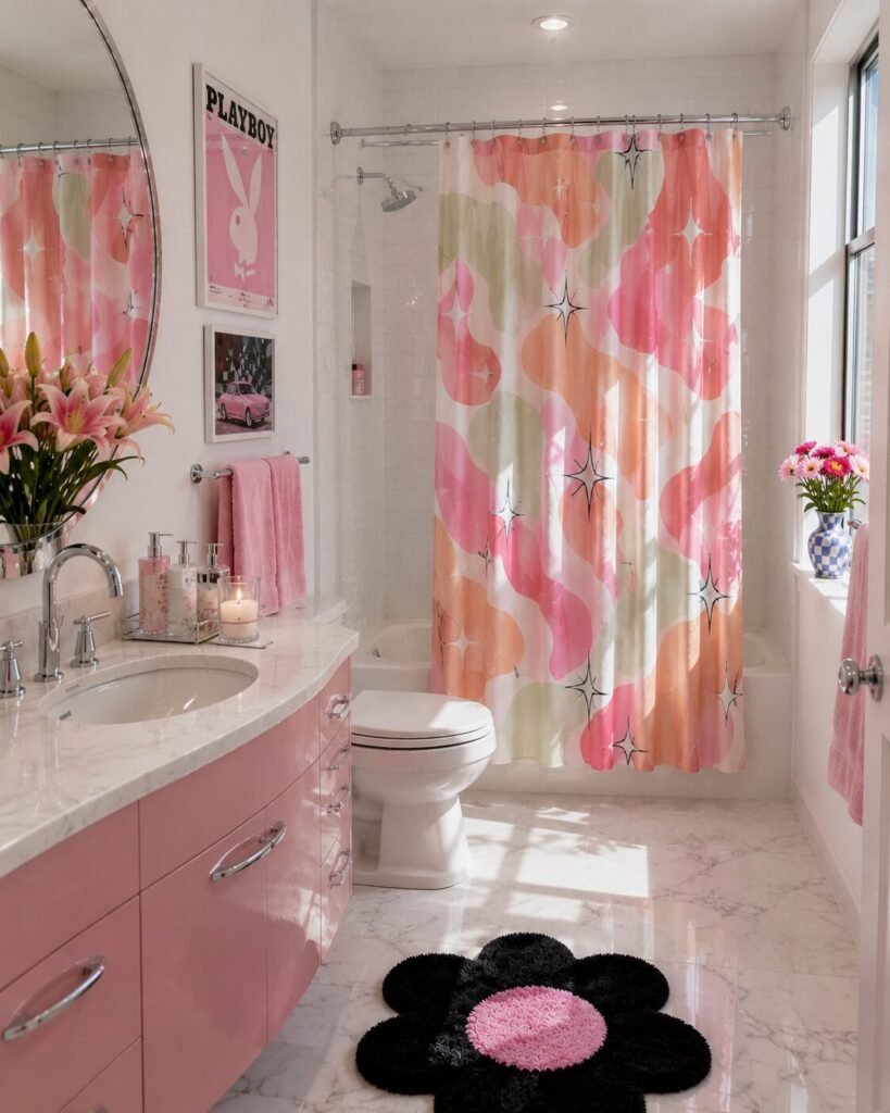 Y2K Bathroom ideas 23 Retro shower curtain Y2K bathroom ideas