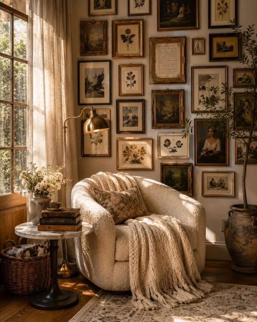 Thrifted gallery wall ideas 11 Cozy thrifted gallery wall ideas reading nook