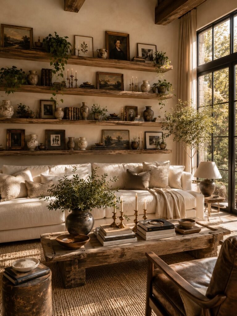 Thrifted gallery wall ideas 13 Floating shelf thrifted gallery wall ideas