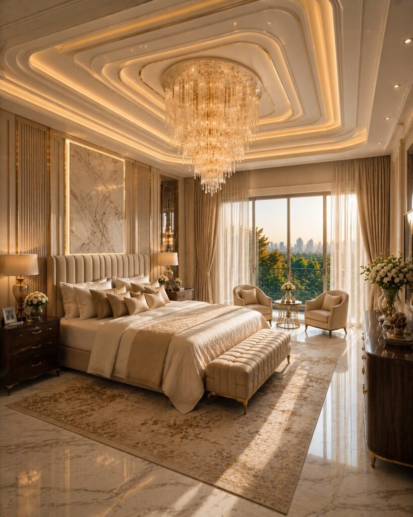 Bedroom pop design ideas 23 Glass chandelier bedroom pop design ideas