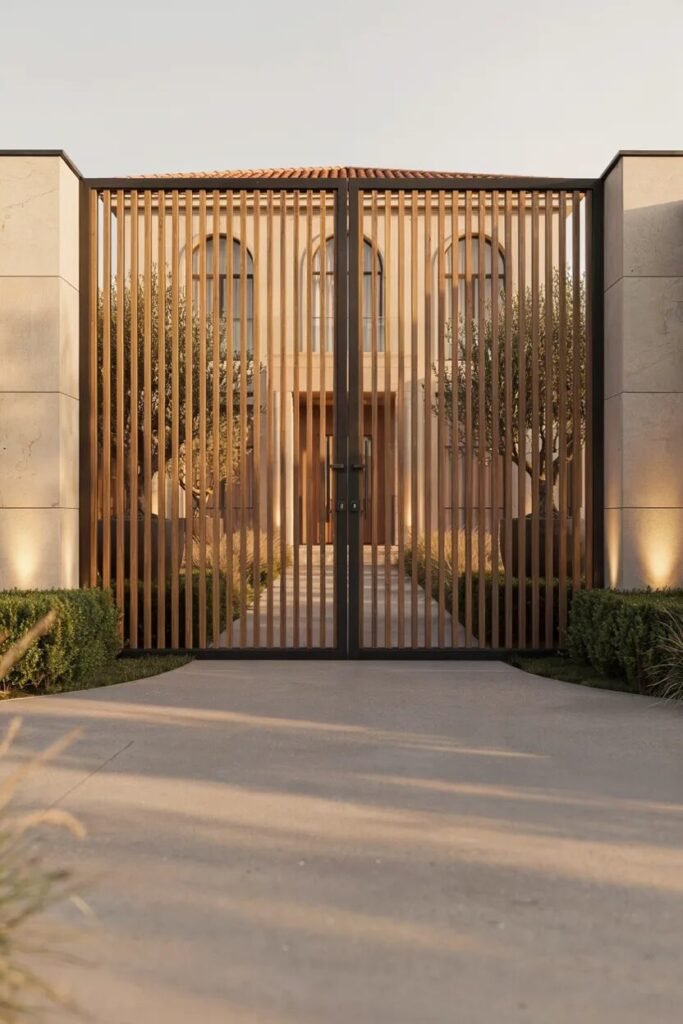 Wooden main gate design 14 Vertical slatted wooden main gate design