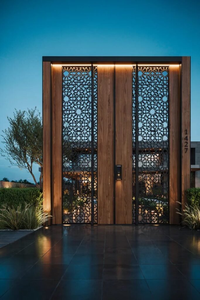 Wooden main gate design 16 Laser-cut wooden main gate design