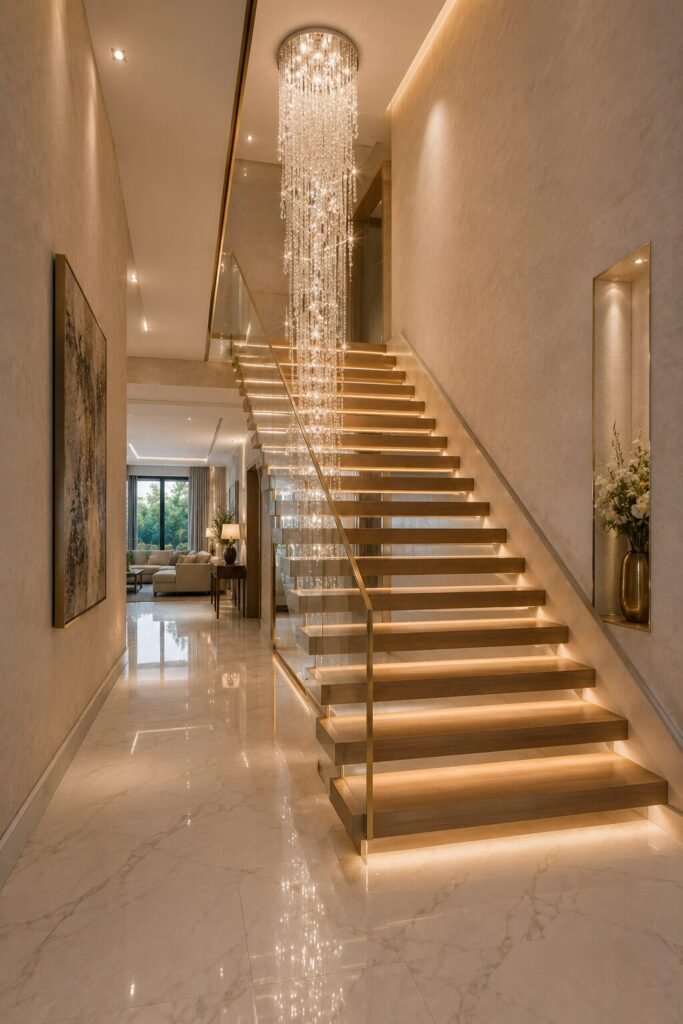 Chandelier 18 stairs between two wall ideas