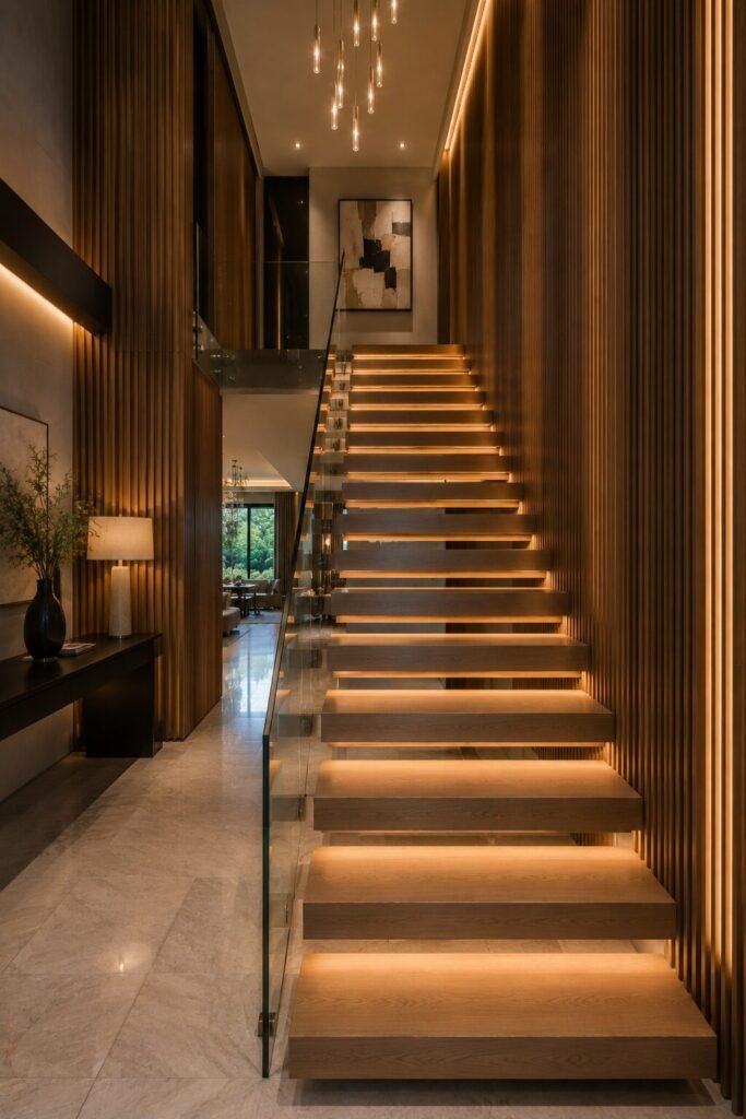 Fluted wood 18 stairs between two wall ideas