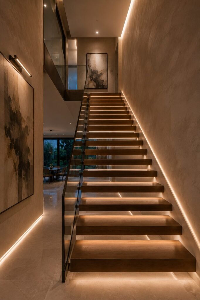 Hidden lighting 18 stairs between two wall ideas
