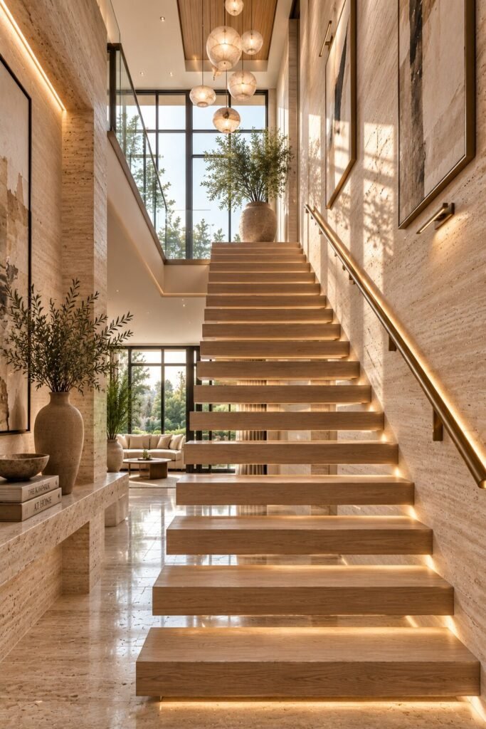 Travertine 18 stairs between two wall ideas