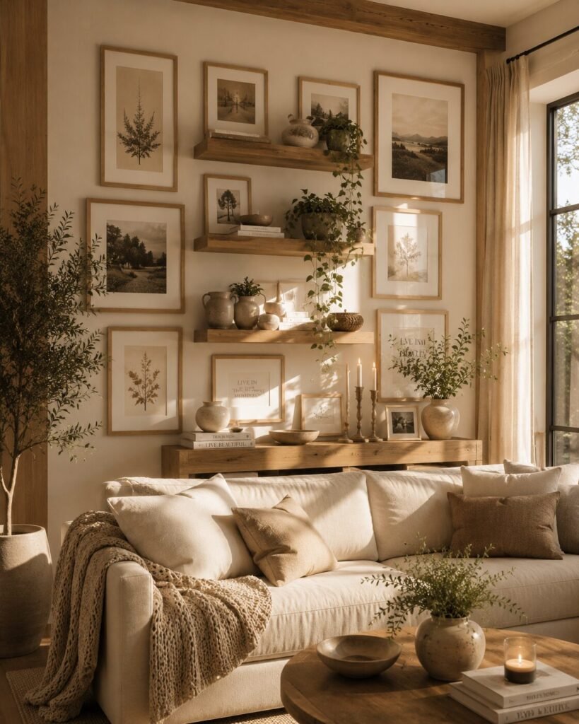 Small wood gallery wall ideas 5 Floating shelf small wood gallery wall ideas