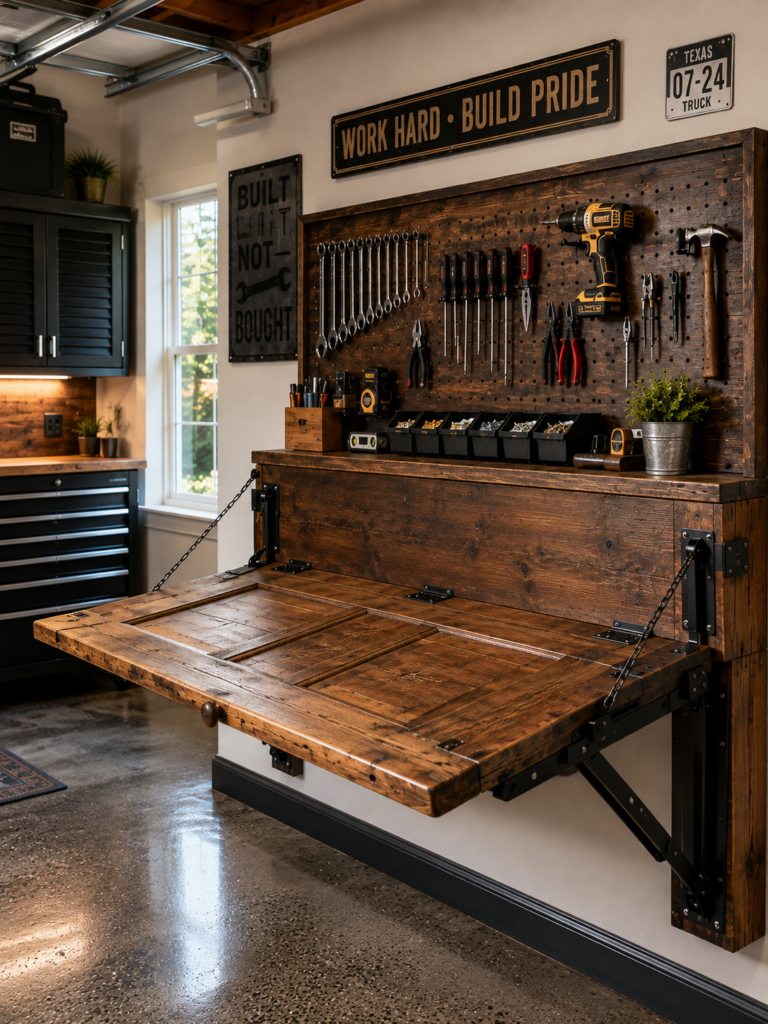 DIY garage organization ideas fold-down workbench