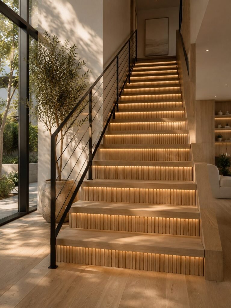Fluted wood stair riser ideas