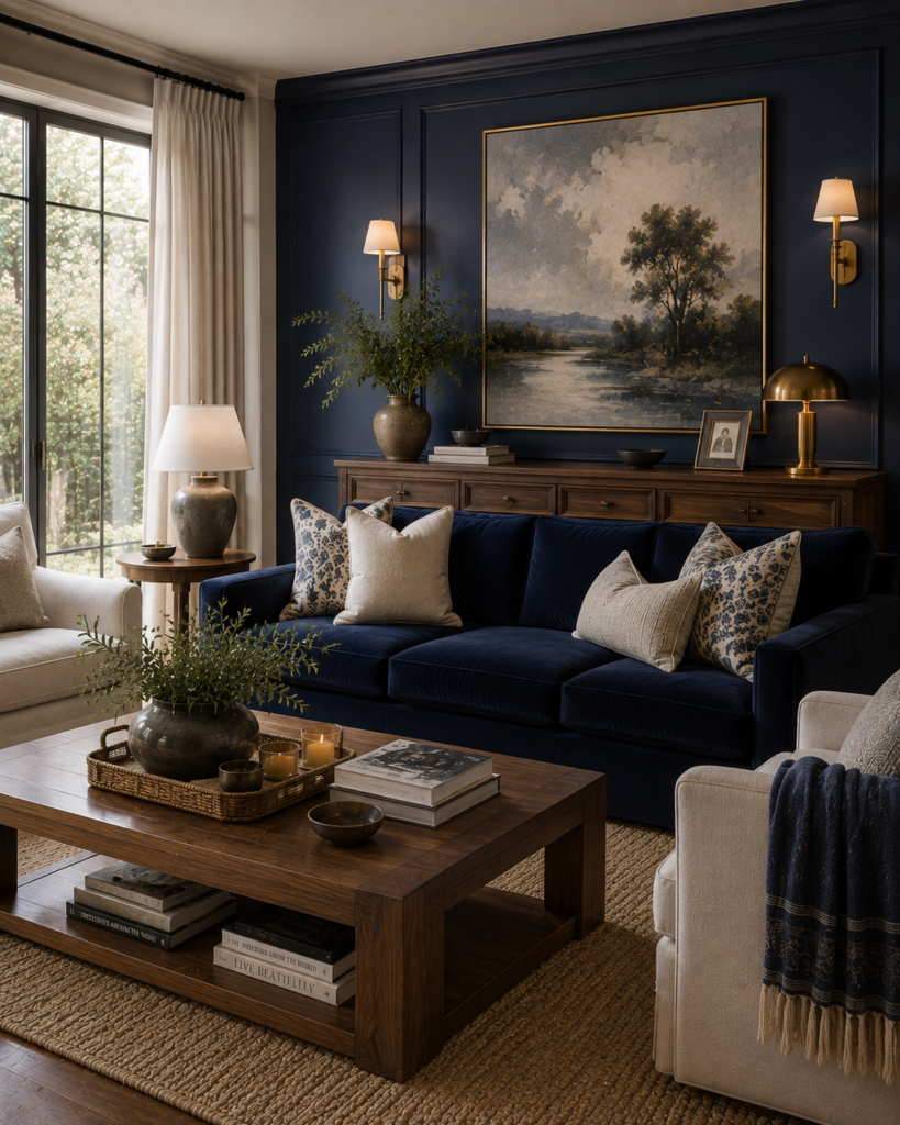 Luxury blue living room ideas with warm wood