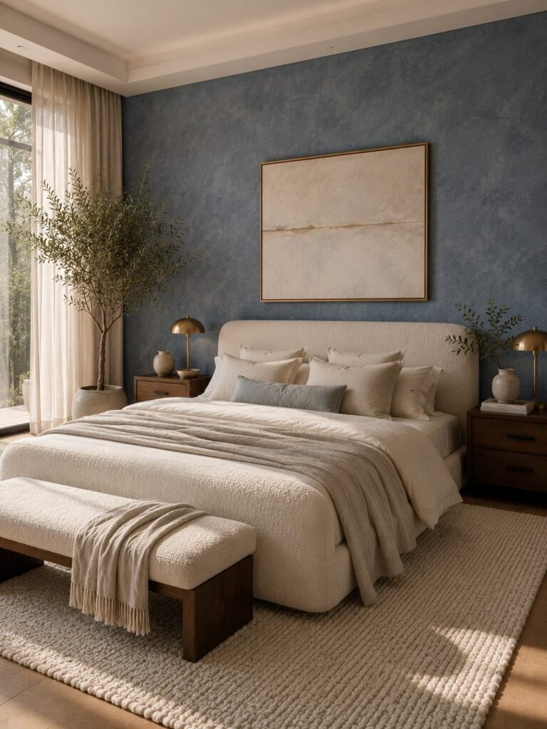 Luxury blue bedroom ideas limewash wall