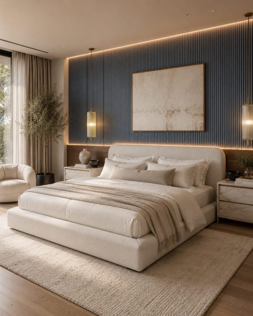 Luxury blue bedroom ideas fluted wall