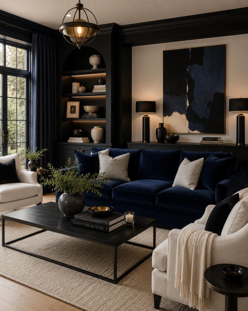 Luxury blue living room ideas with black accents