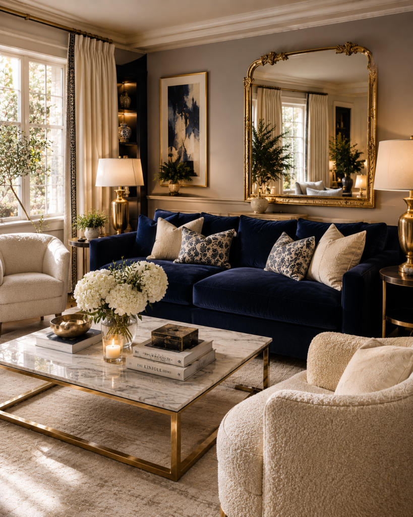 Luxury blue living room ideas with cream gold