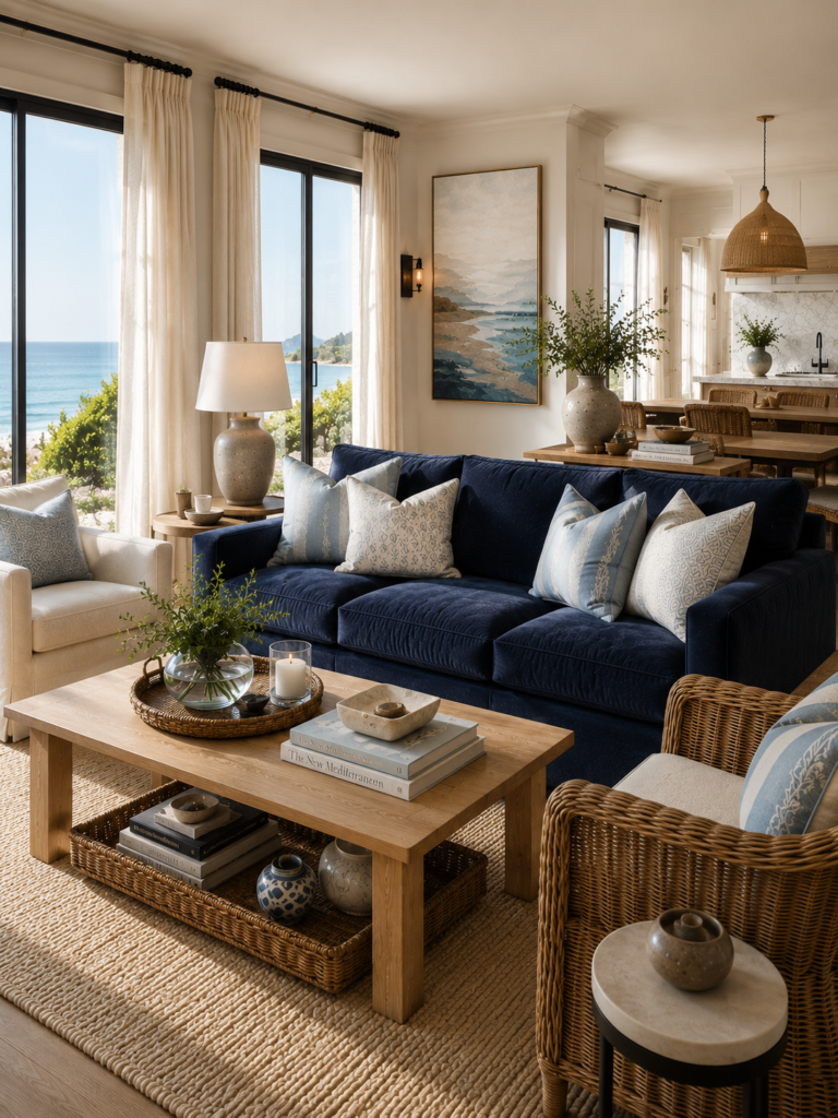 Luxury blue living room ideas with coastal style