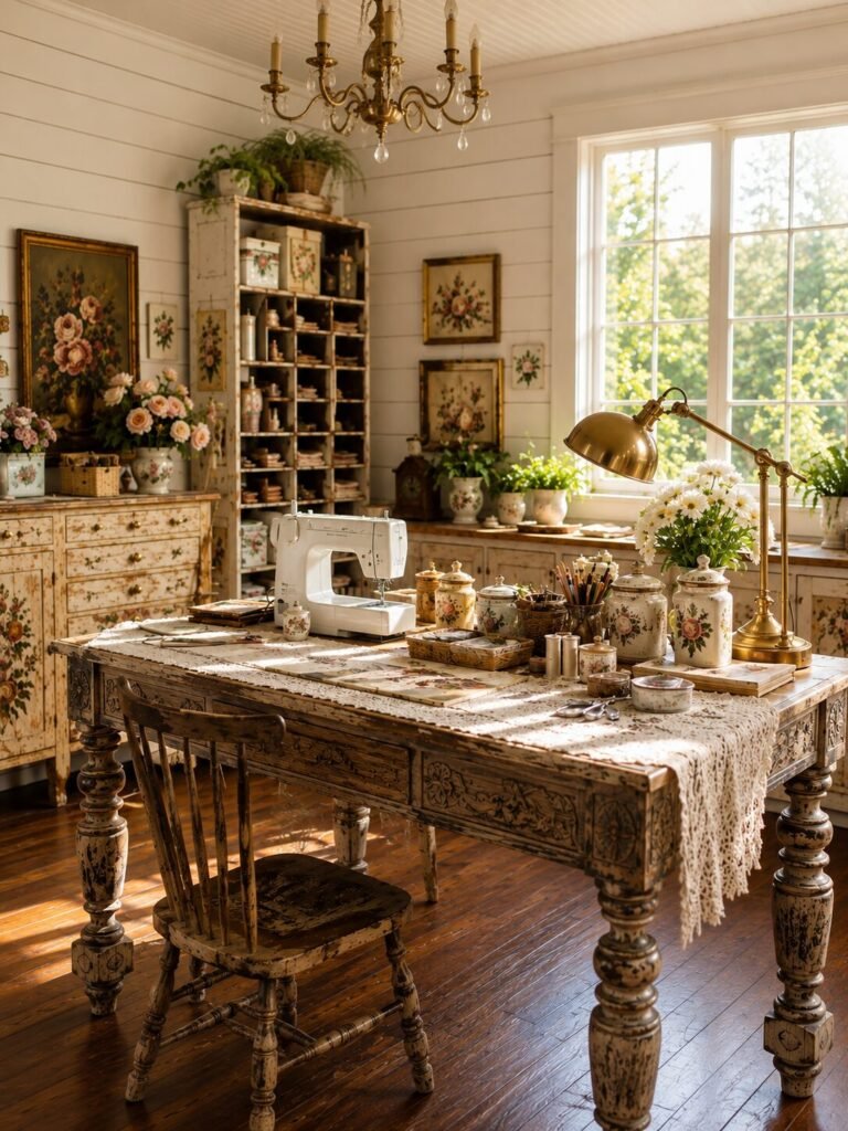 Vintage craft room ideas wooden table