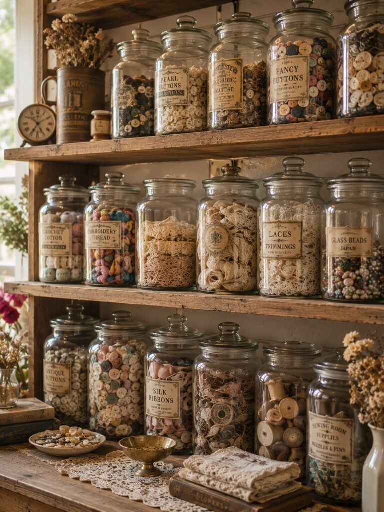 Vintage craft room ideas glass storage