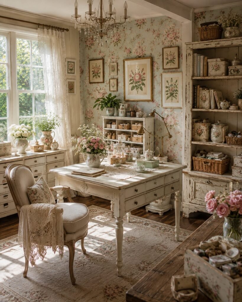 Vintage craft room ideas floral wall