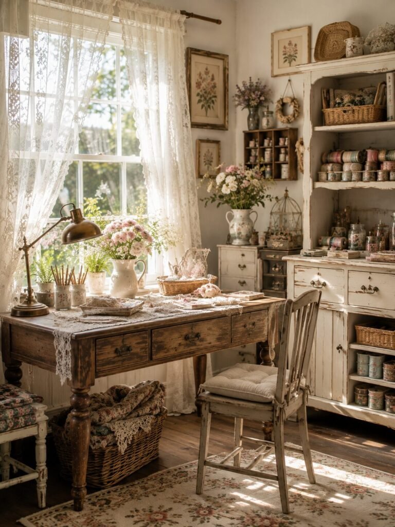 Vintage craft room ideas lace curtains
