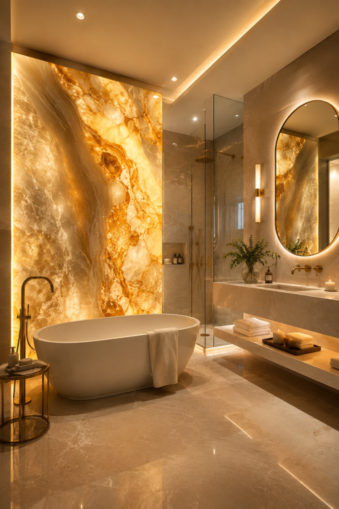 Backlit onyx upstairs bathroom ideas