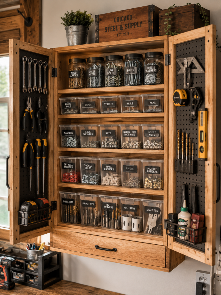 DIY garage organization ideas hardware cabinet