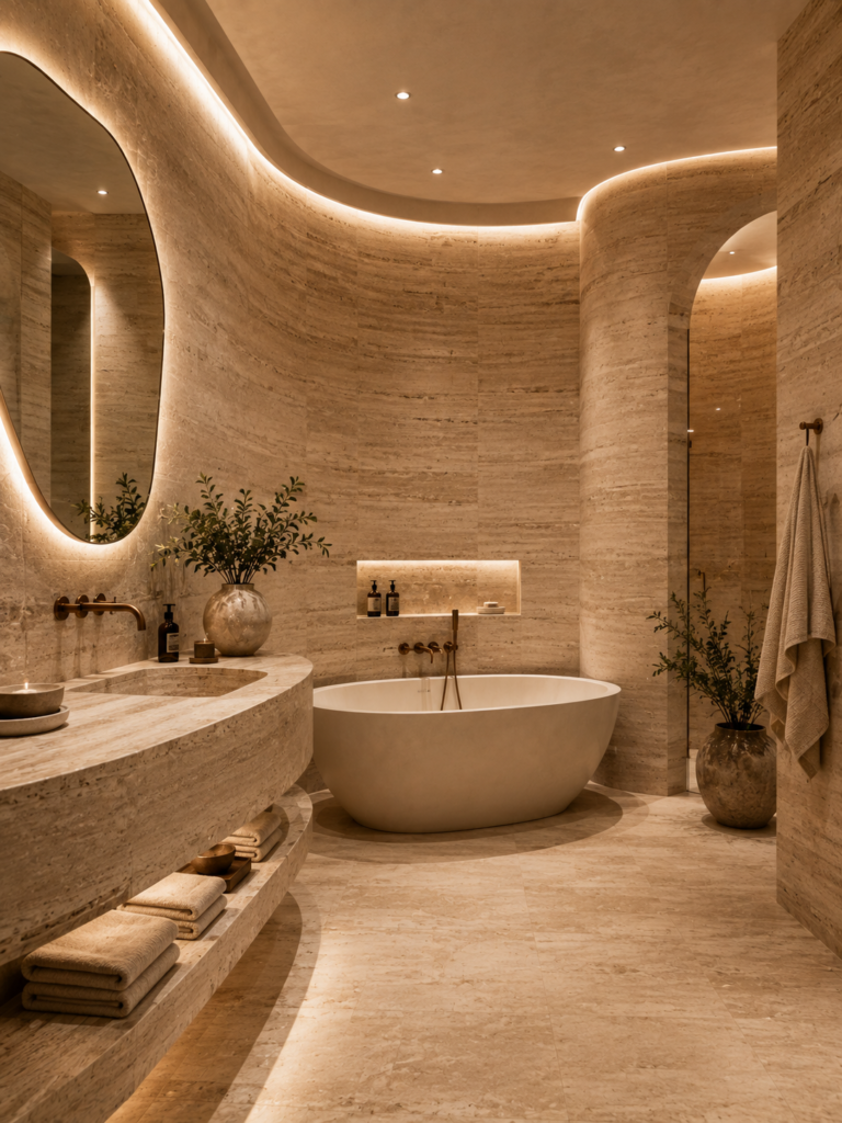 Curved travertine upstairs bathroom ideas