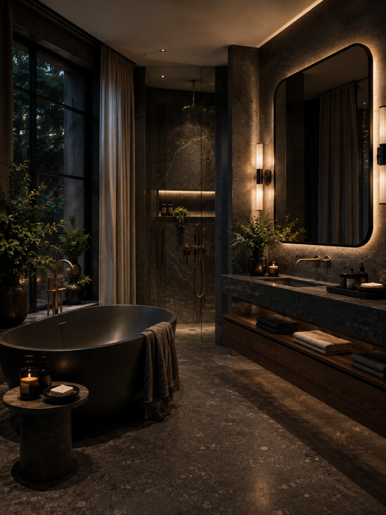 Moody boutique upstairs bathroom ideas
