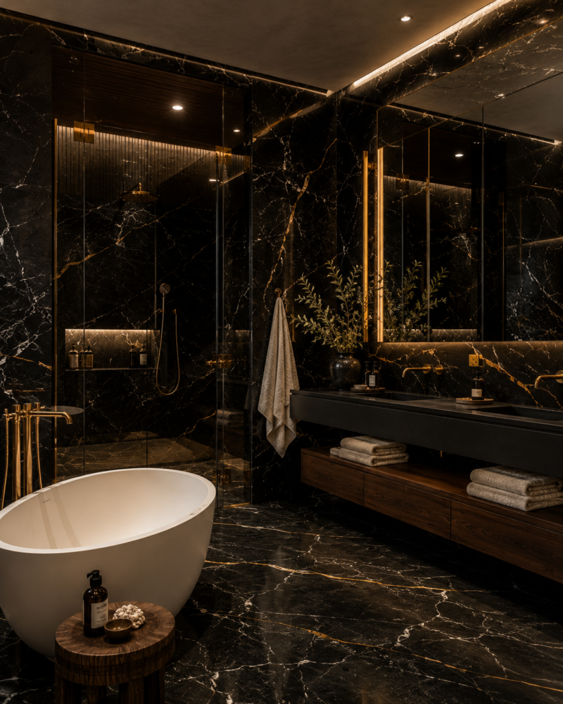 Black marble upstairs bathroom ideas