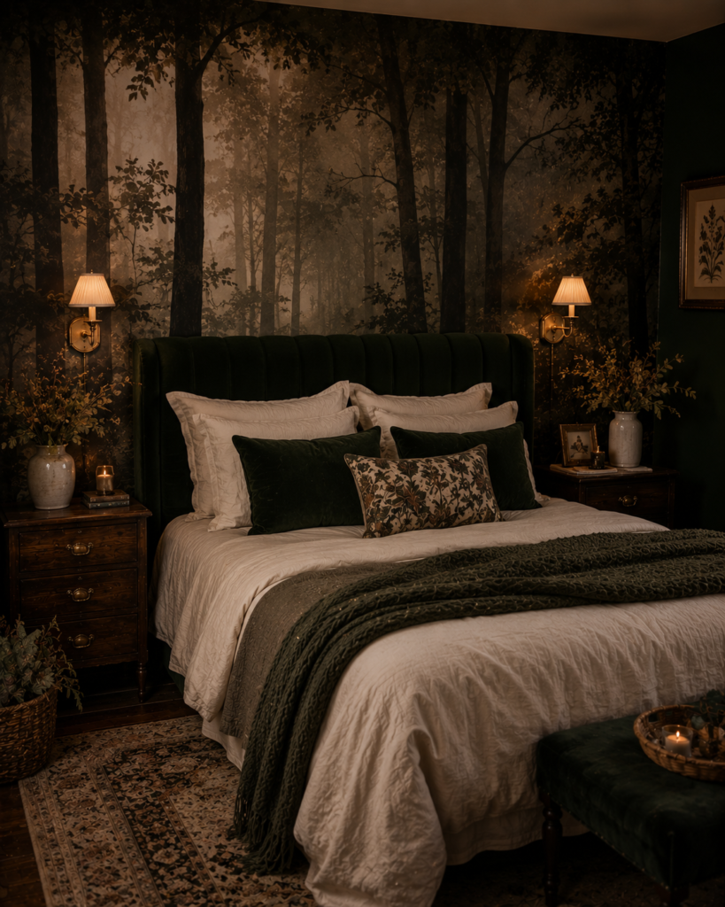 Dark whimsical bedroom decor ideas forest wallpaper