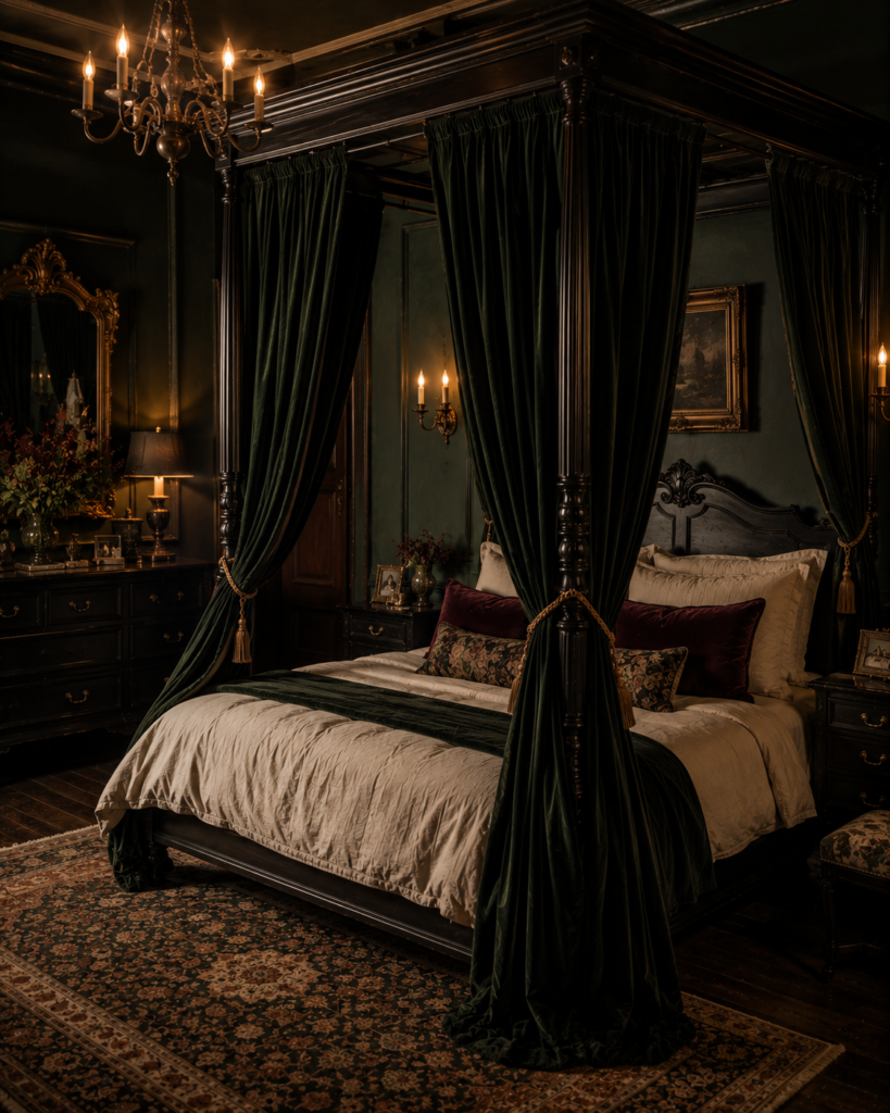Dark whimsical bedroom decor ideas four poster bed