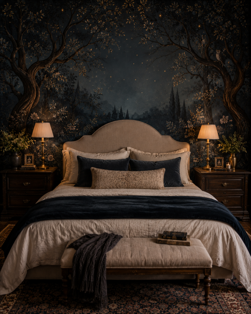 Dark whimsical bedroom decor ideas enchanted forest wall