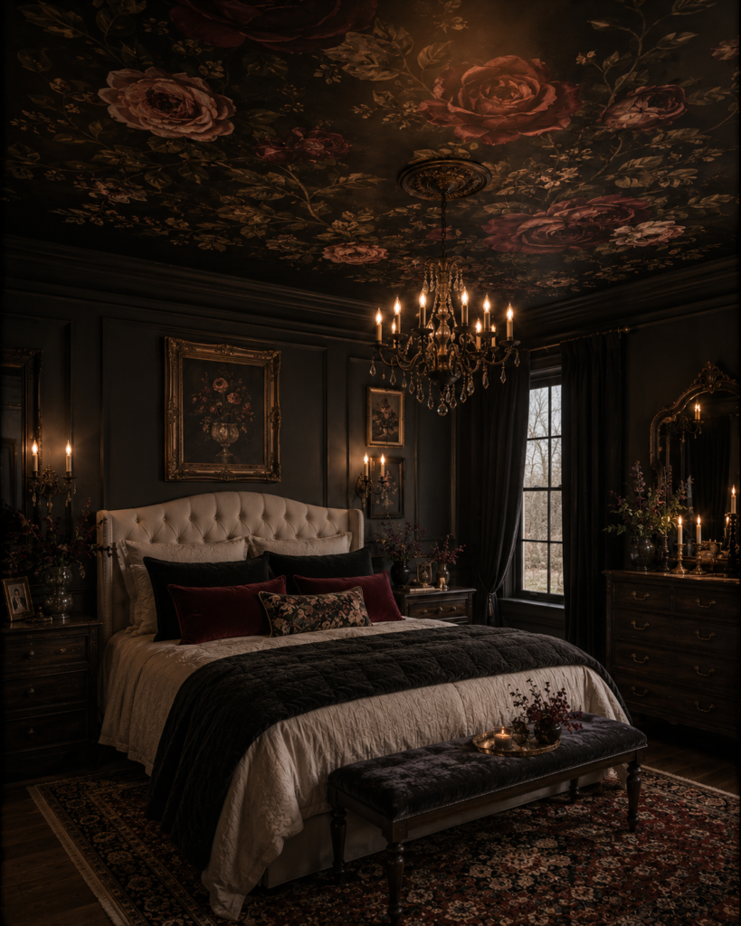 Dark whimsical bedroom decor ideas floral ceiling