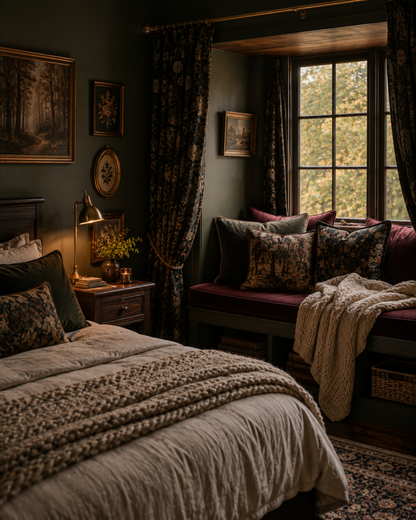Dark whimsical bedroom decor ideas cosy window seat