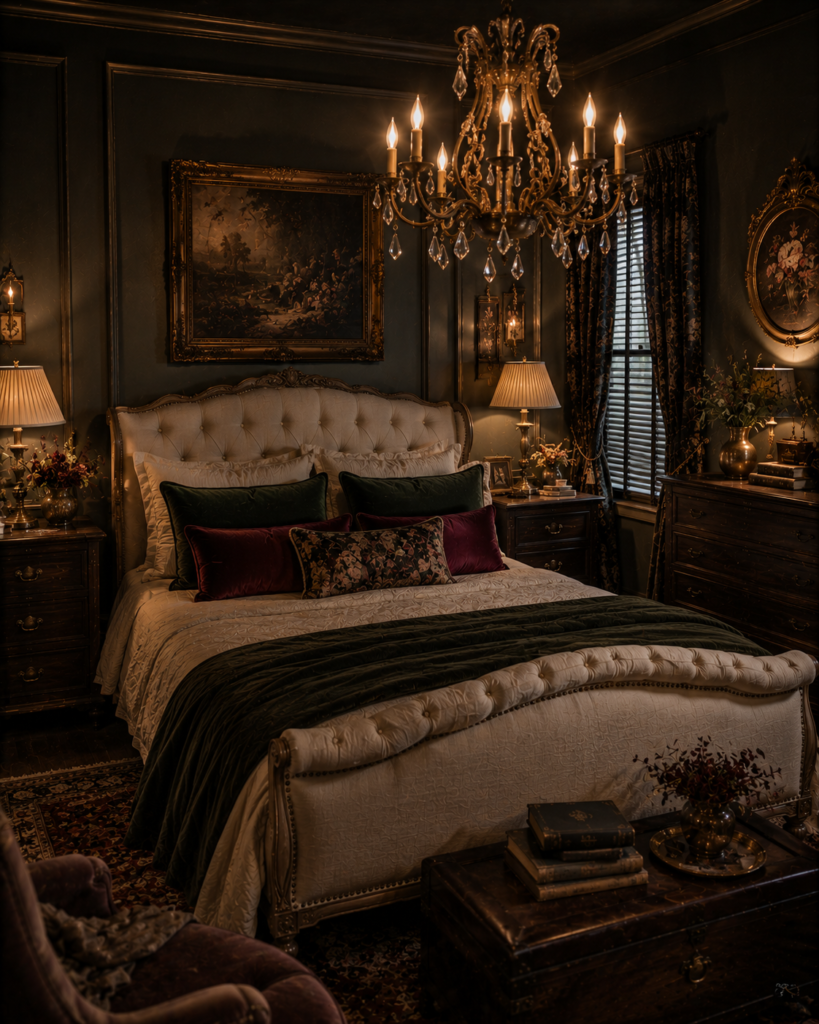 Dark whimsical bedroom decor ideas antique chandelier