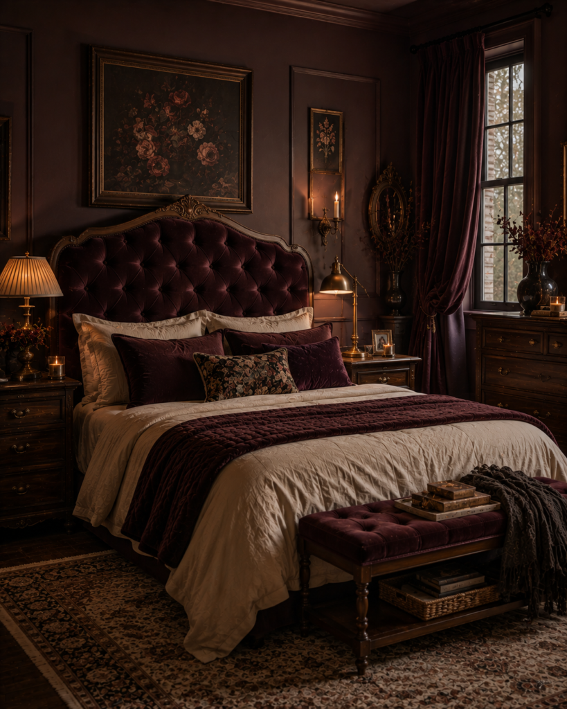 Dark whimsical bedroom decor ideas plum brown palette