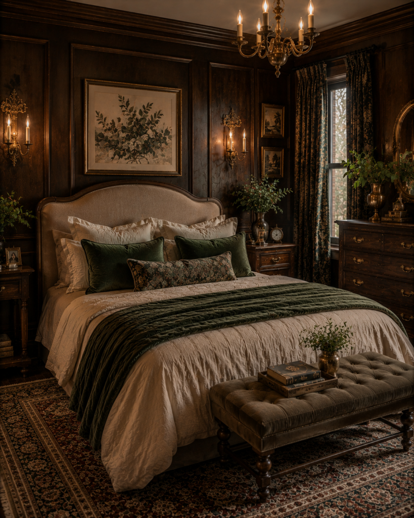 Dark whimsical bedroom decor ideas wood brass