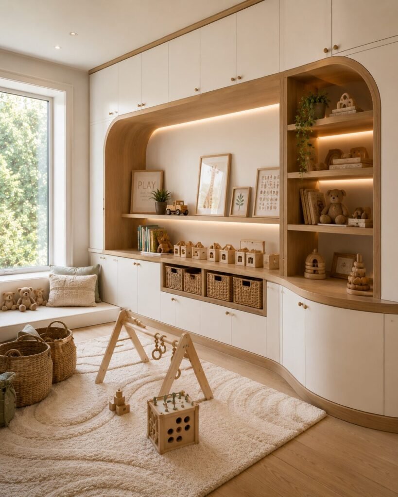 Small playroom design 3 Curved small playroom design storage