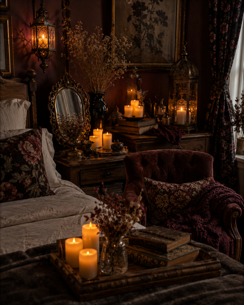Dark whimsical bedroom decor ideas candlelit corner