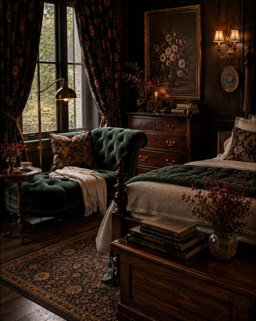 Dark whimsical bedroom decor ideas velvet chaise