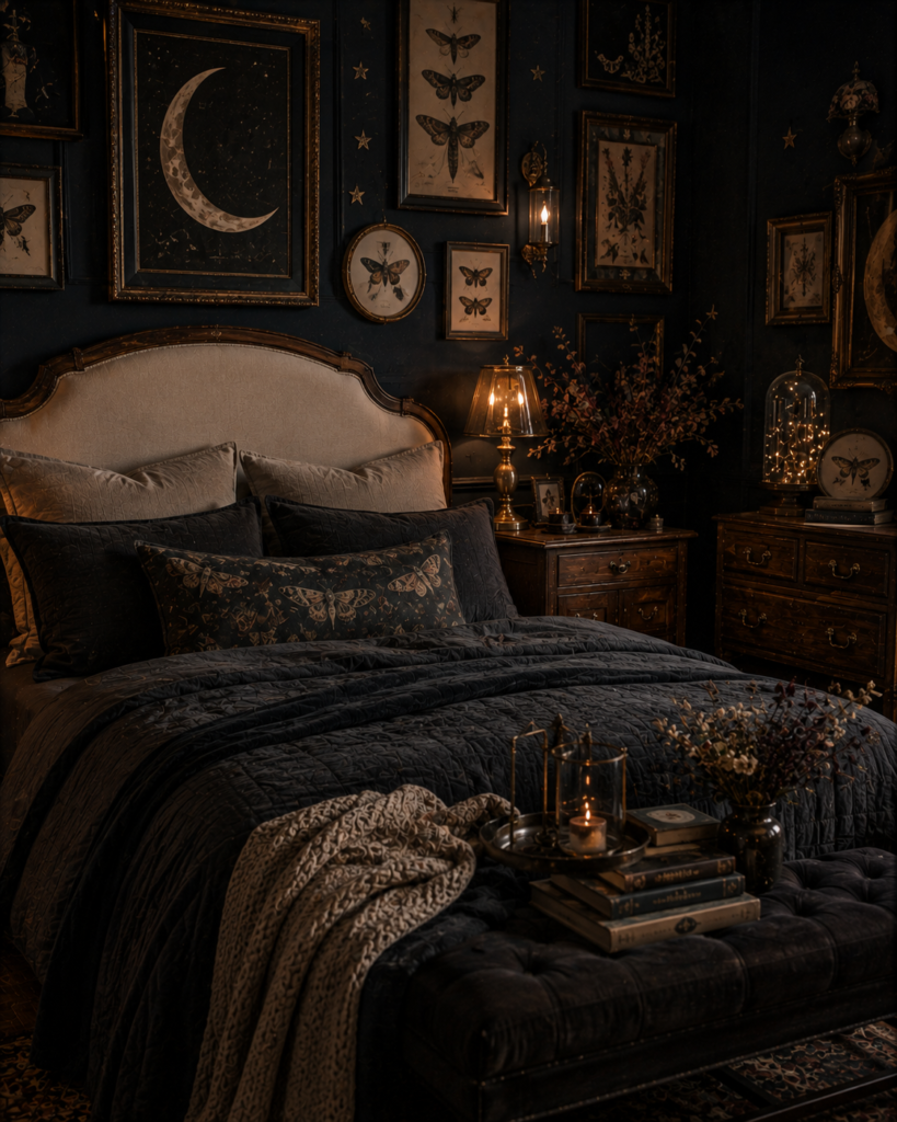 Dark whimsical bedroom decor ideas moon moth theme