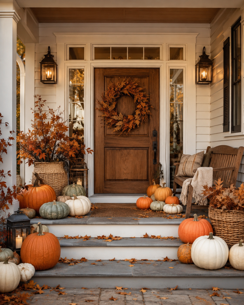 Fall porch decorating ideas with classic pumpkins