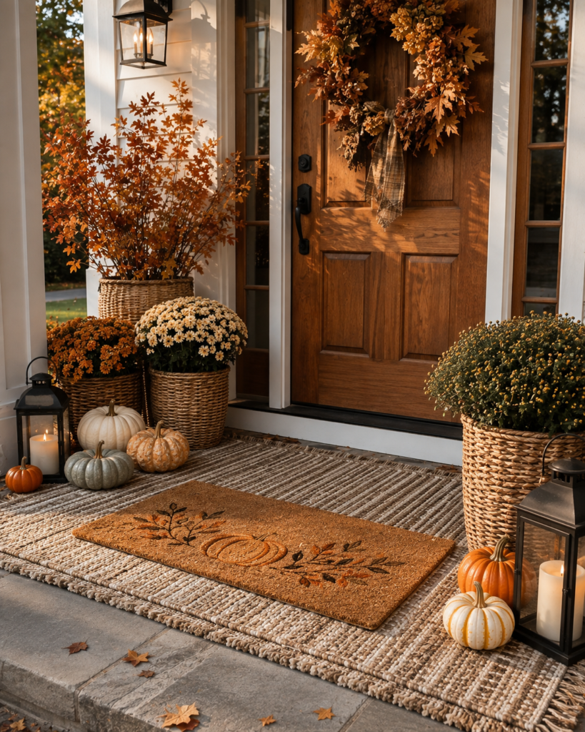Fall porch decorating ideas with cozy doormat