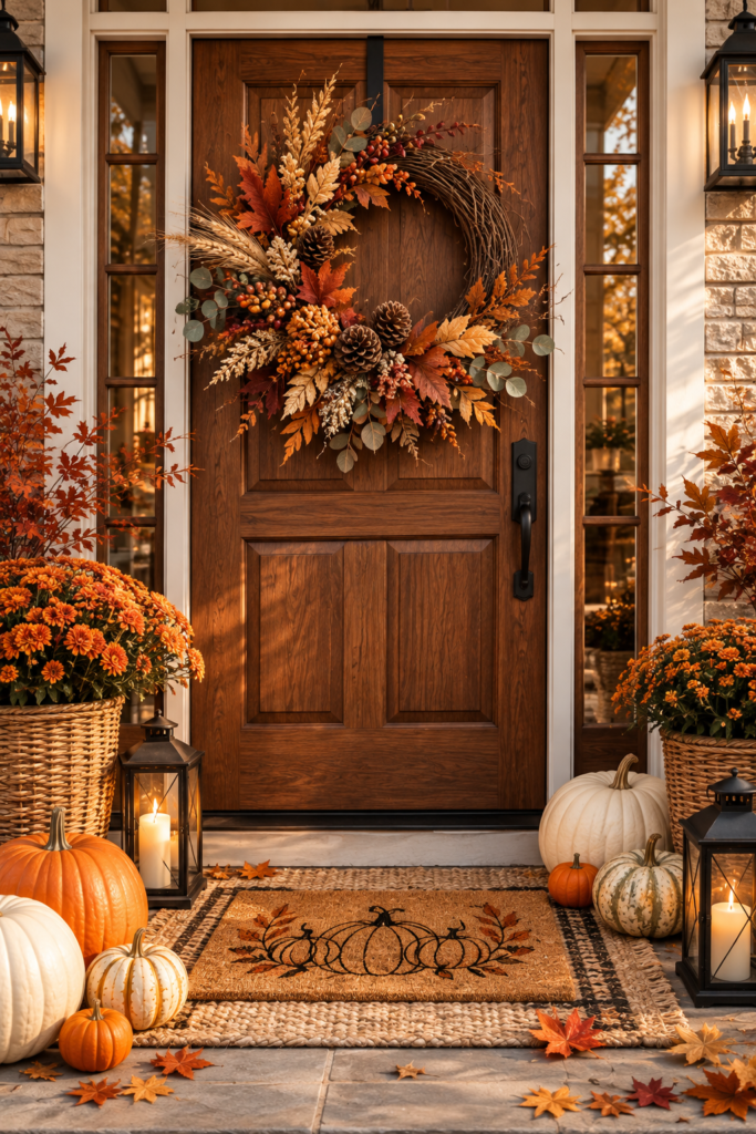 Fall porch decorating ideas with autumn wreath