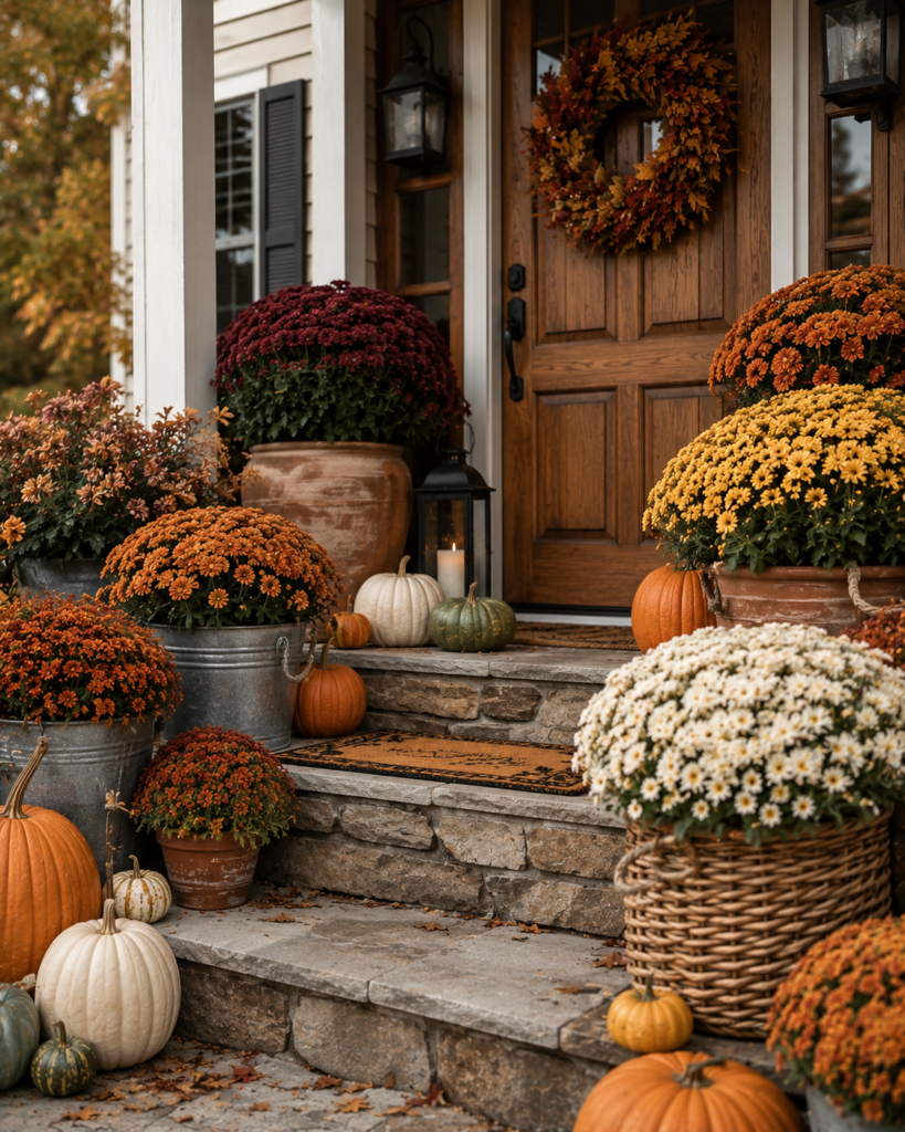 Fall porch decorating ideas with potted mums