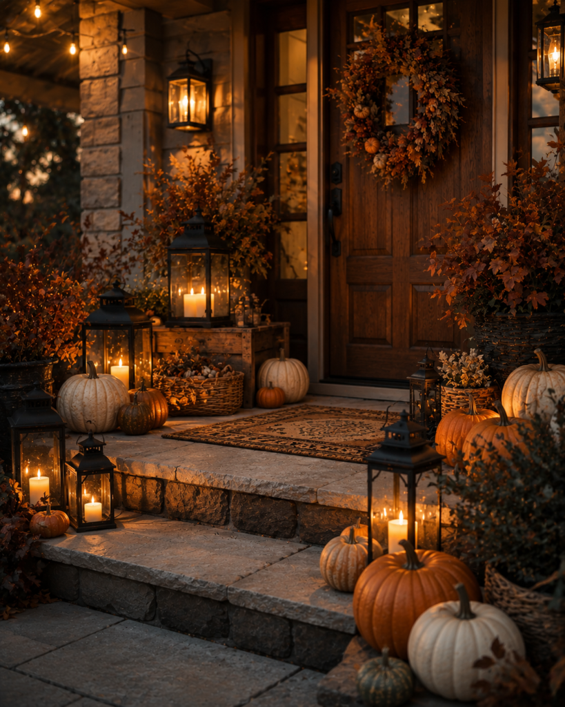 Fall porch decorating ideas with glowing lanterns