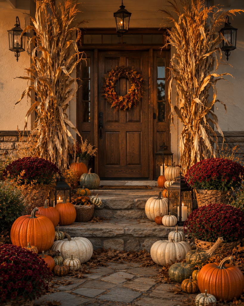 Fall porch decorating ideas with corn stalks